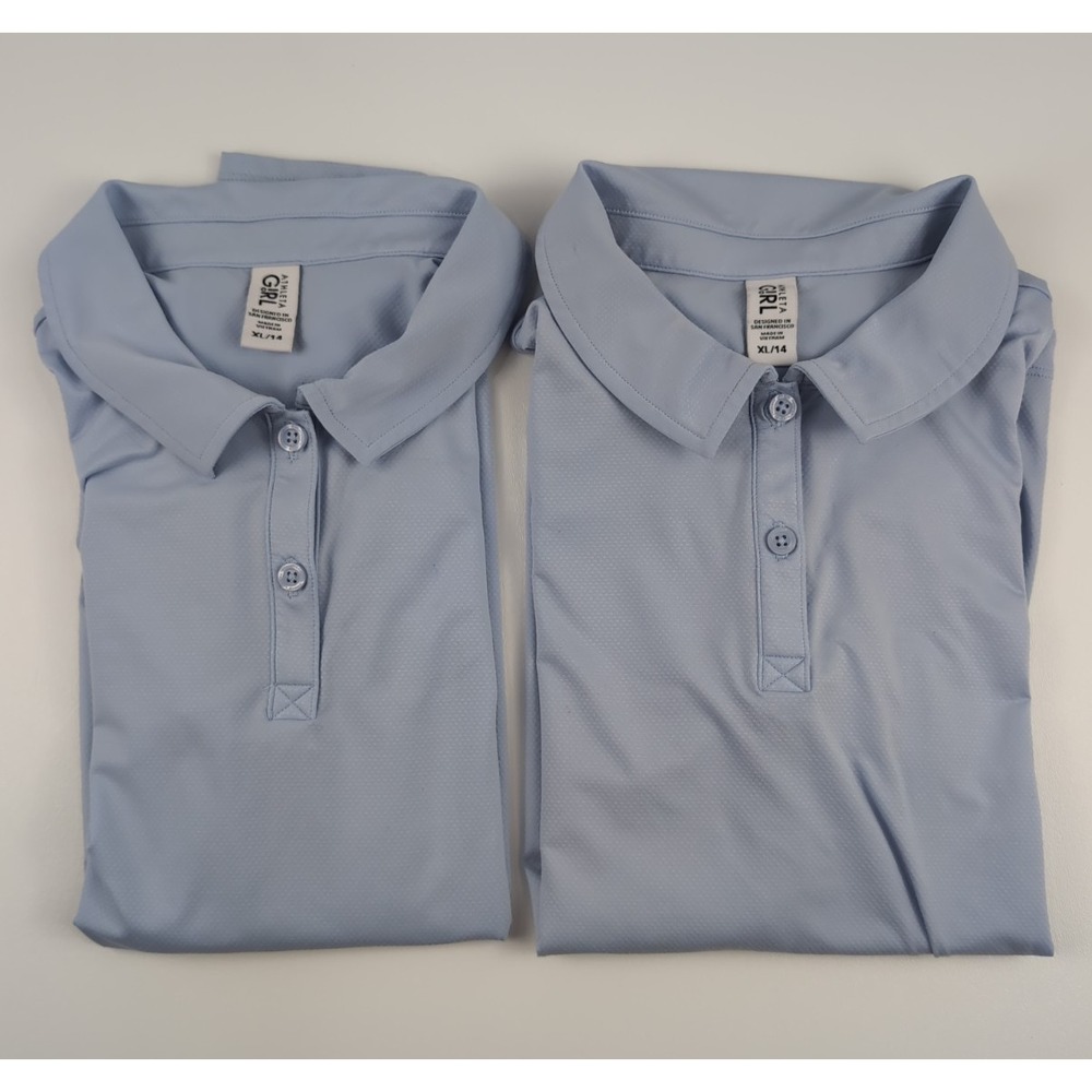 Lot of 2 - Athleta Girl School Day Uniform Long Sleeve Polo Light Blue Sz XL/14